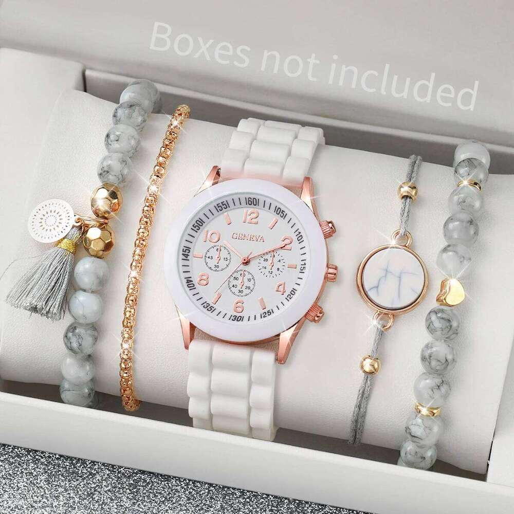 5pcs/set Women White Silicone Band Quartz and Beads Tassels Set H260228