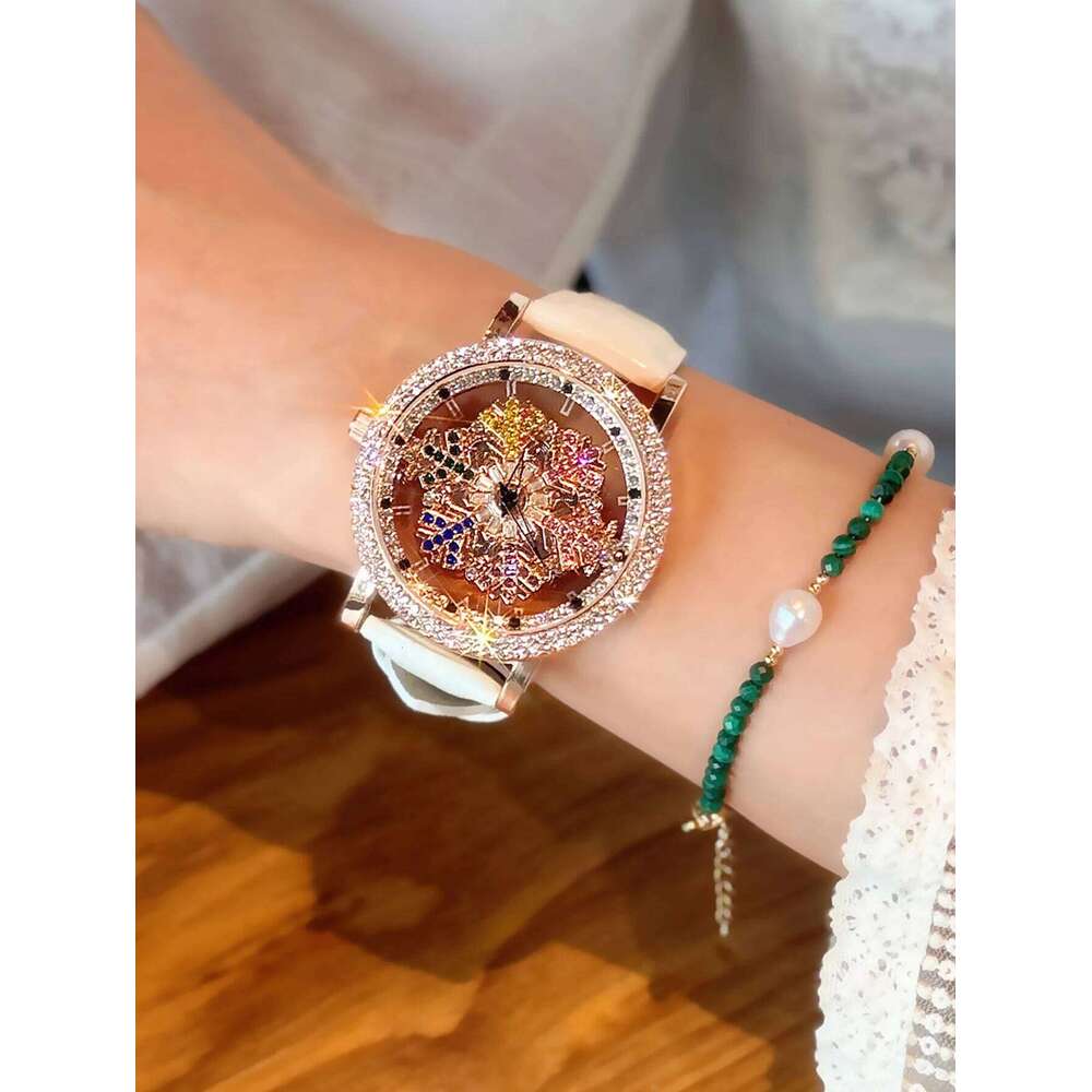 1 Upgraded Version of the Bright Eye-Catching Fashionable Luxury Inlaid Rhinestone Quartz Equipped with Charming Rotating Colorful Snowflake Dial, H26