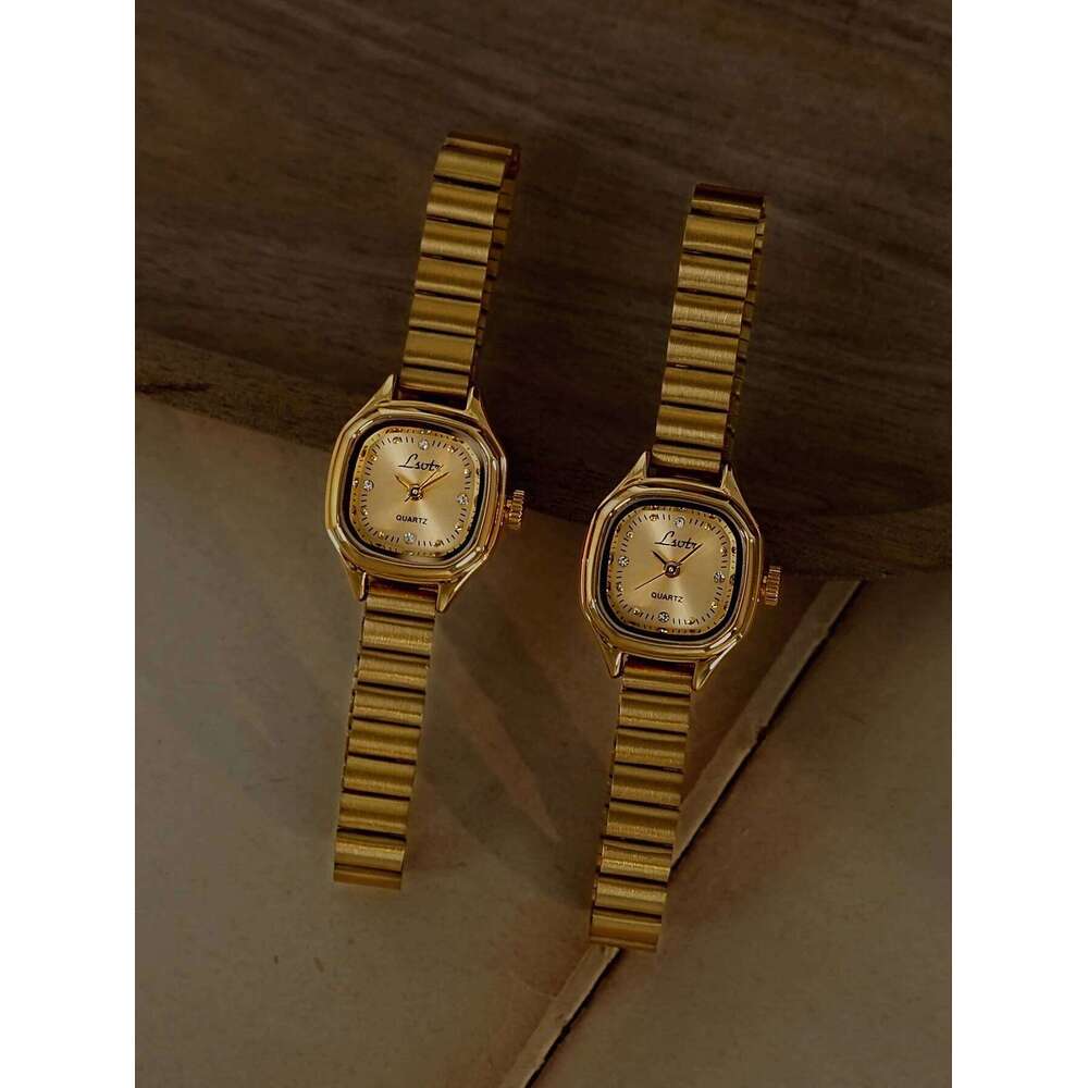 1 New French-Style Vintage Exquisite Gold Square Small Dial , Fashionable, Simple, Elegant, Luxurious, Compact, Waterproof, Stainless Steel Strap, Cla