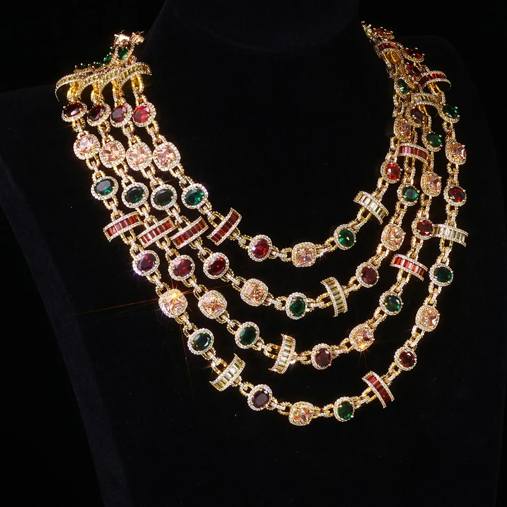 ESKEEM Rainbow Tennis Choker Women Jewelry Iced Out Multi Color Gemstone Necklace Colorful Stone Men Chain 260228