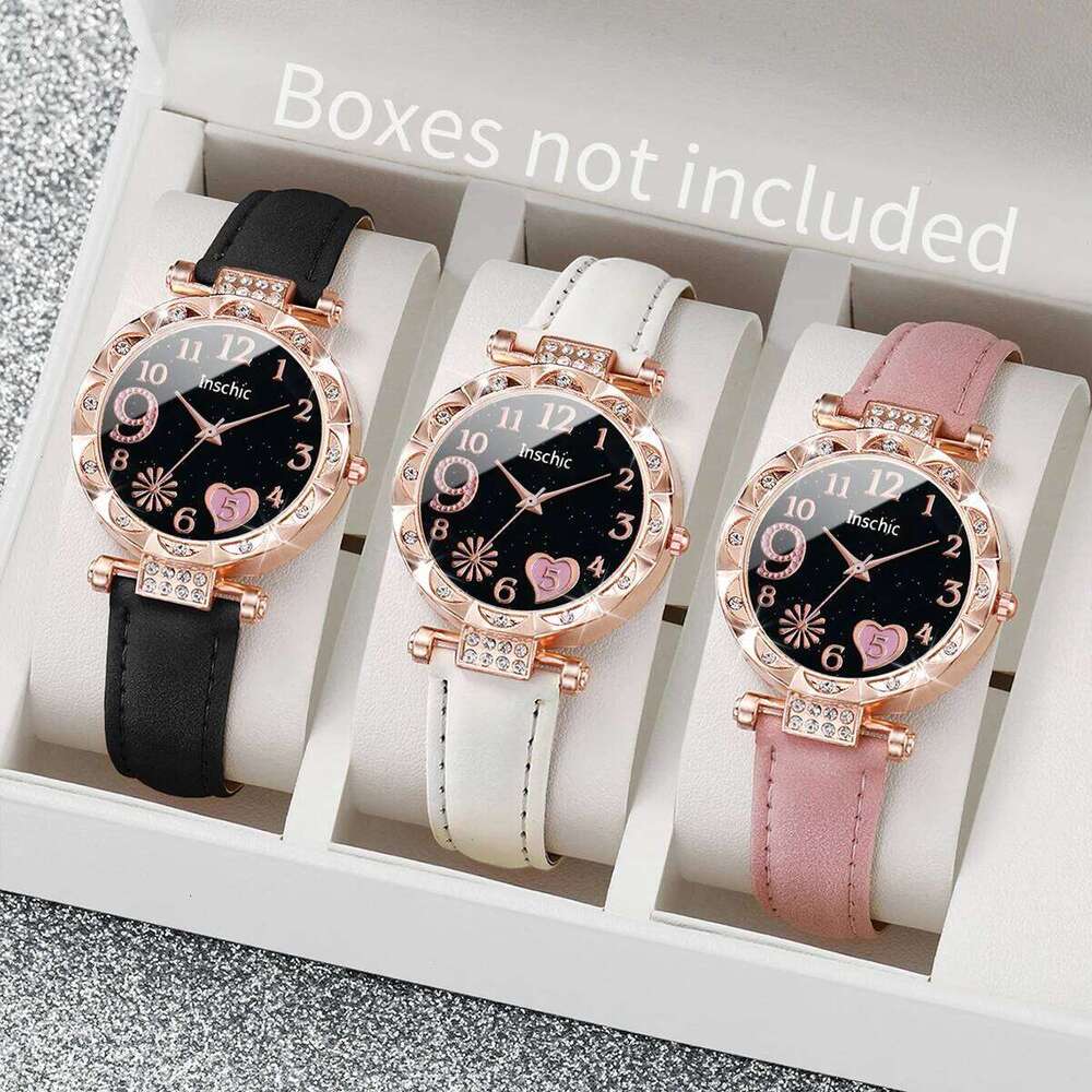 3PCS Women es Fashion Rhinestone Heart Dial Quartz Female Leather Band Wristes SetWithout Box H260228