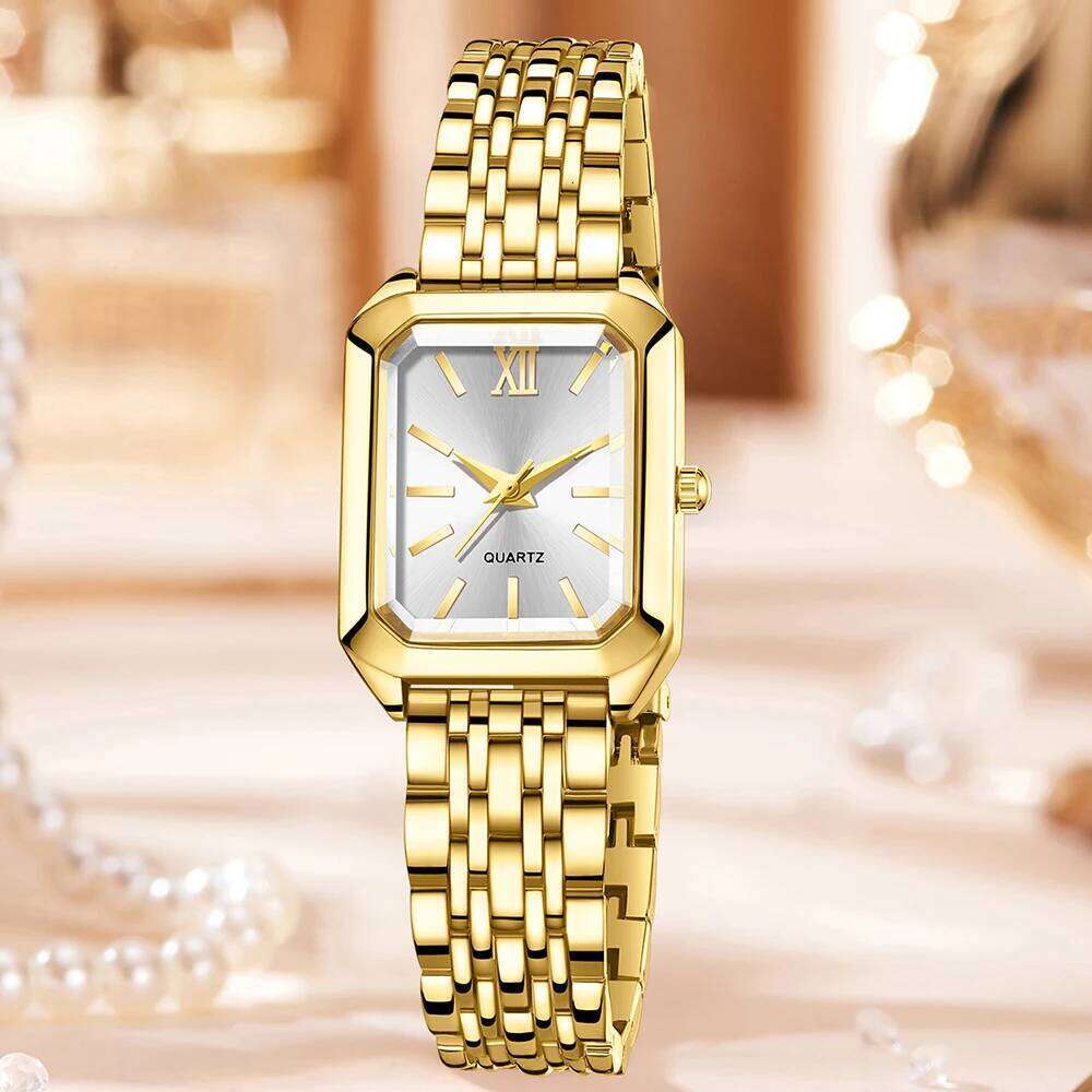 4PC Golden Women Fashion Trend Rectangular Dial Quartz Set Suitable for Daily Exclusive Matching H260228