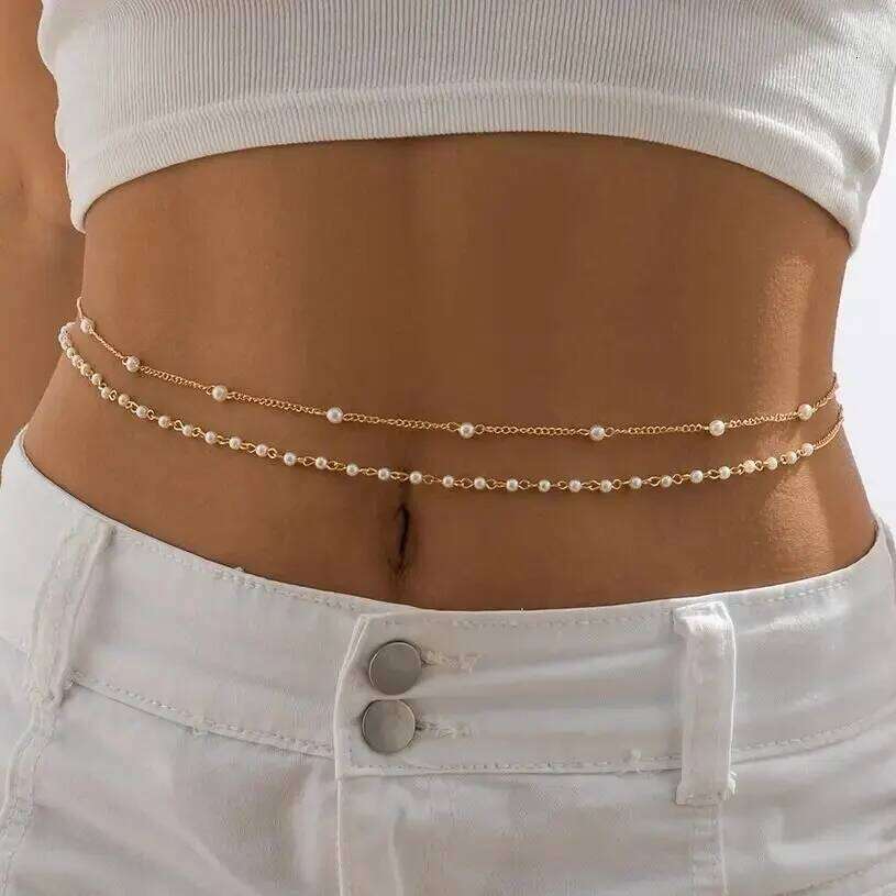 2Pcs/Set Sexy Boho Imitation Pearl Belly Waist Chain for Women Summer Bikini Double Layer Belt Body Jewelry Festival Accessories H260228