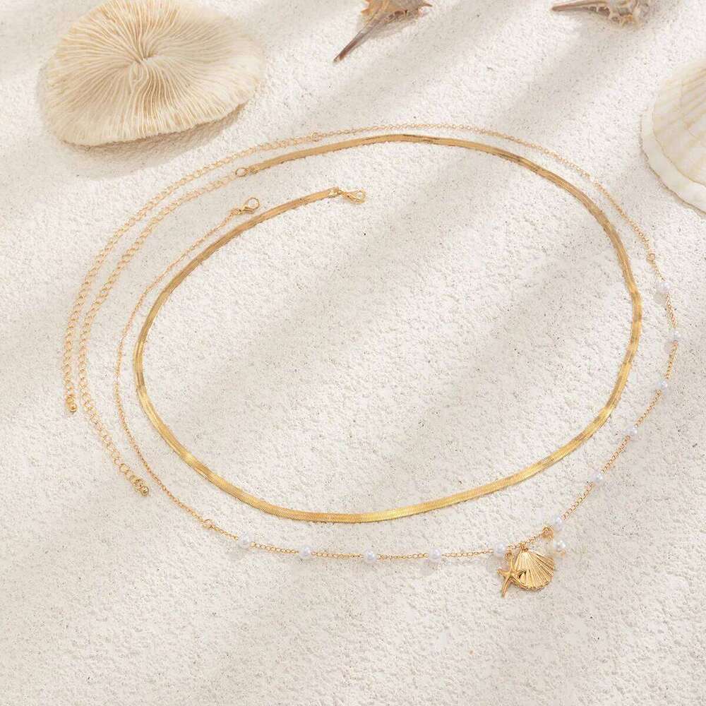 Simple and Fashionable Vacation Style Starfish Shell Body for Women's Sexy Metal Flat Snake Pearl Bead Waist Chain H260228