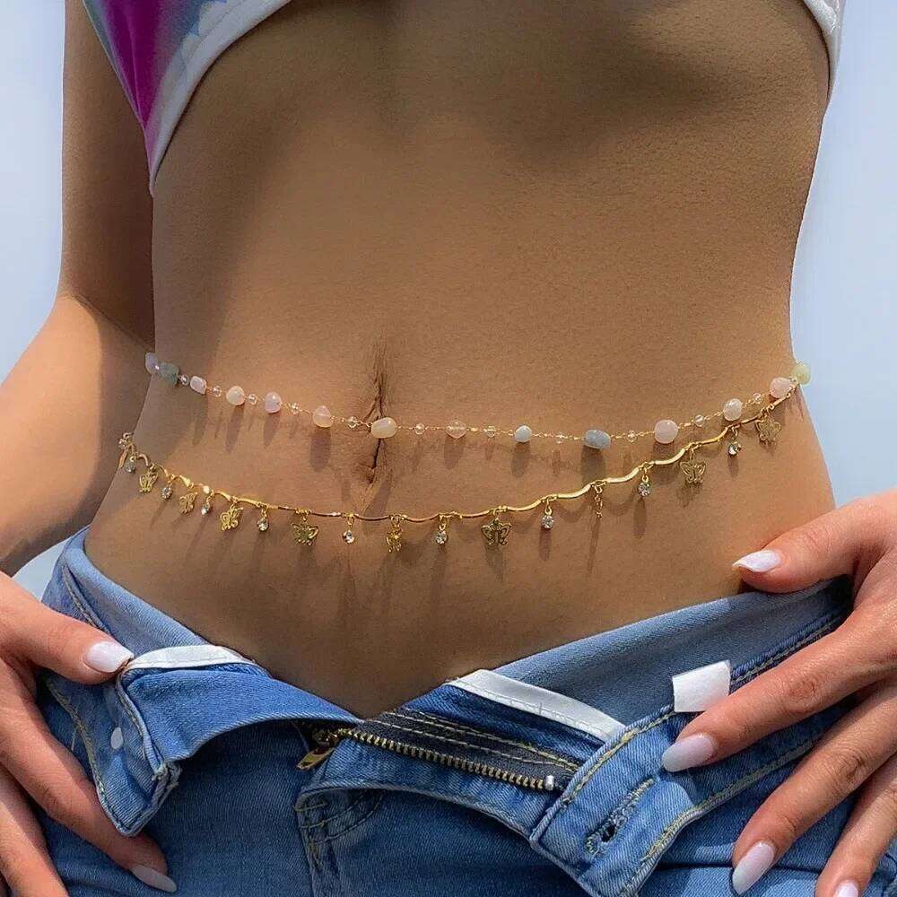 Sexy Double Layer Colorful Stone for Women Crystal Butterfly Waist Bead Chain Belly Belt Summer Beach Body Jewelry H260228