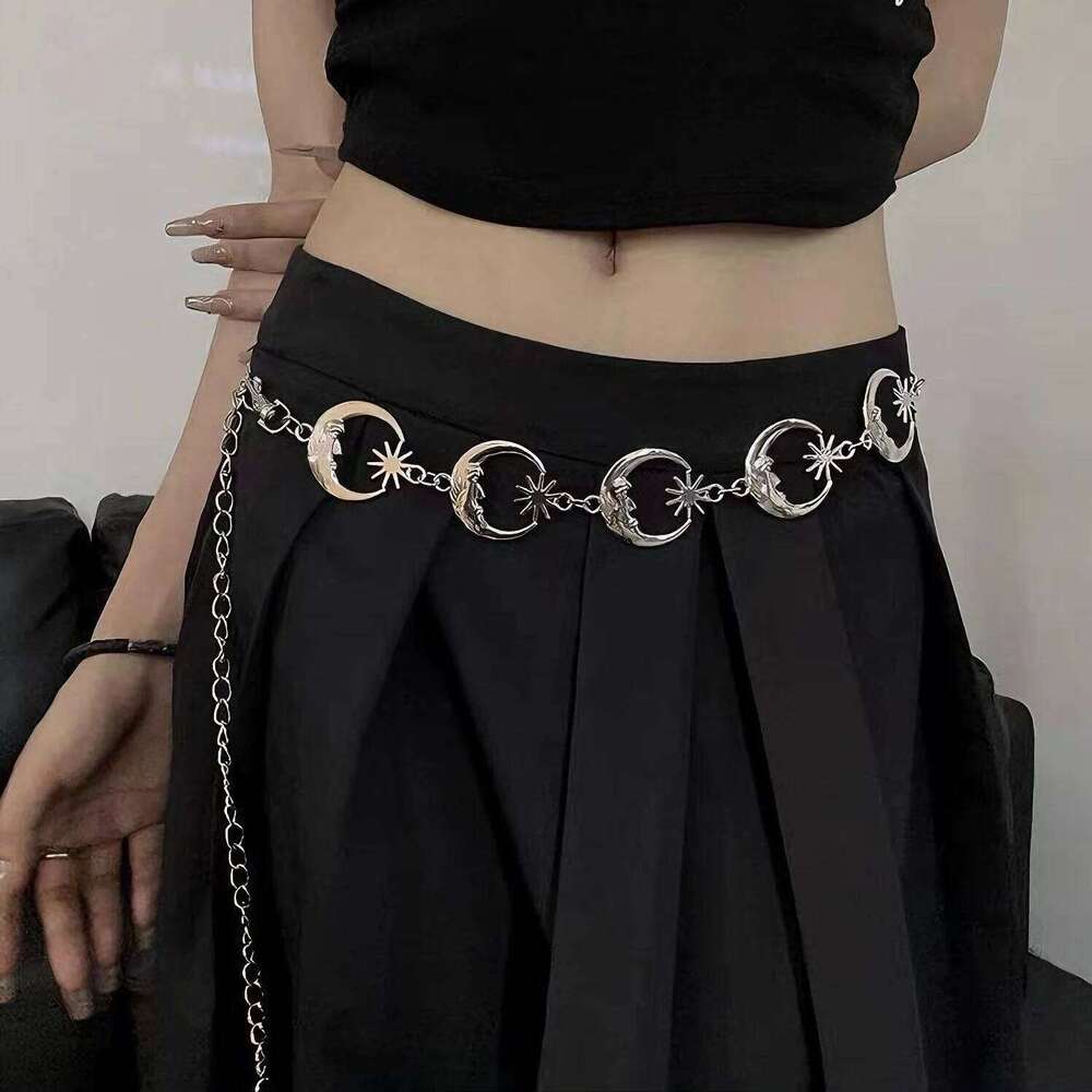 Vintage Punk Metal Chain Waist Belt for Women Sun Moon Butterfly Gothic Hip Hop Dress Jeans Waistband Long Fashion Accessory H260228