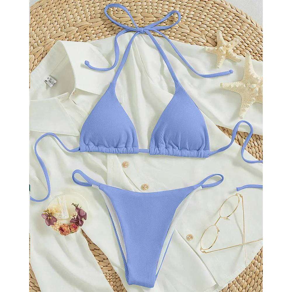 Bathing Suit Women Sexy Solid Halter Swimsuit Special Stripe Fabric Bikini Set Drawstring Lace Up Two-piece Split Beach Biquini Z260301