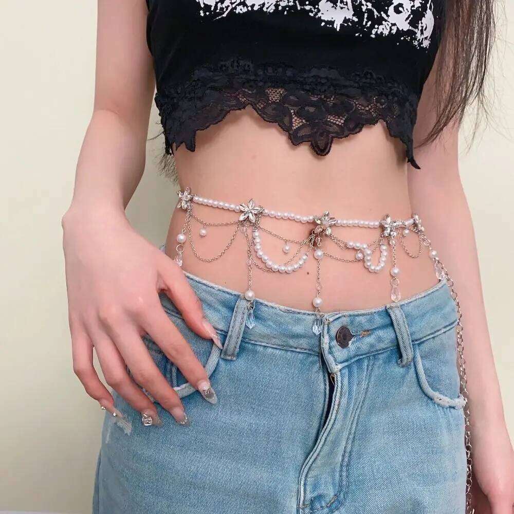 Fashion Elegant Pearl Chains Versatile Boho Floral Belly Waist Accessory Hip Chain Women H260228