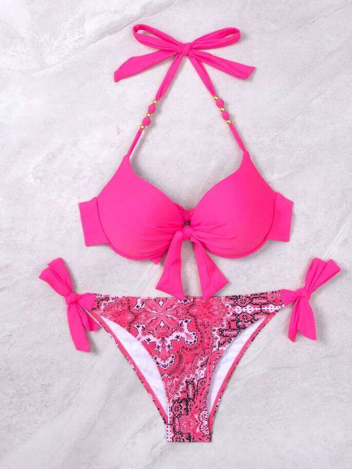2025 Push Up Halter Bikini Printed Swimsuit Women Sexy Strappy Swimwear Female Bathers Bathing Swimming Swim Suit Beachwear Z260301