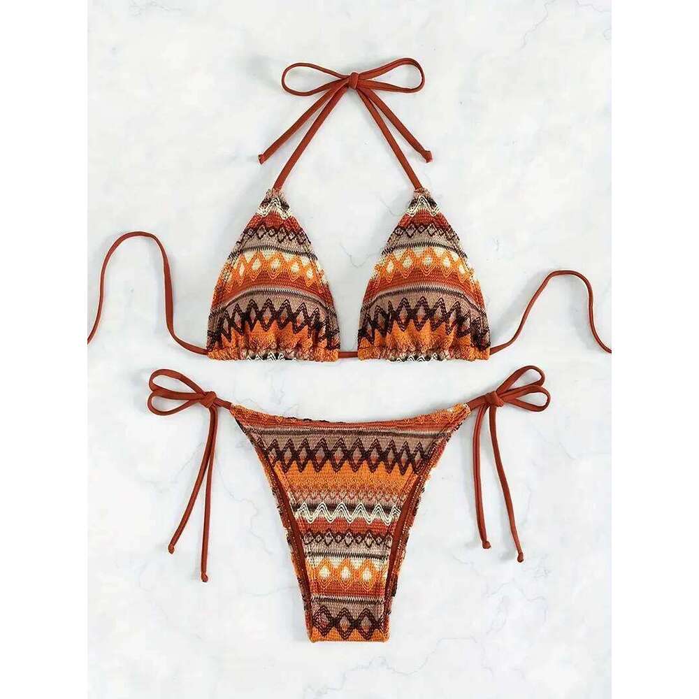 Women's Boho Geo Print Cute Bathing Suit High Waisted Halter Tie Back Swimsuit Triangle Cup Sexy Bikini Set Z260301