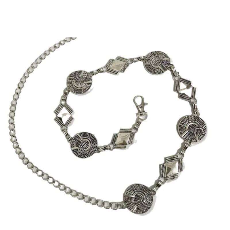 Simple Alloy Large Round Flower Fringes Ring Waist Women Circle Metal Chain Belt Geometric Long Waistband H260228