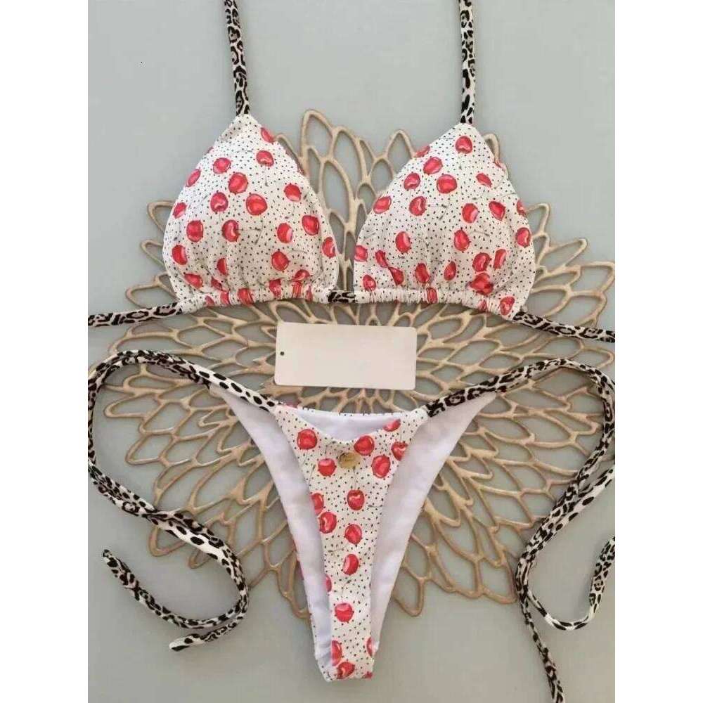 2024 brazilian bikini women suit, beach fashion, sexy thong swimsuit, cute cherry print Z260301
