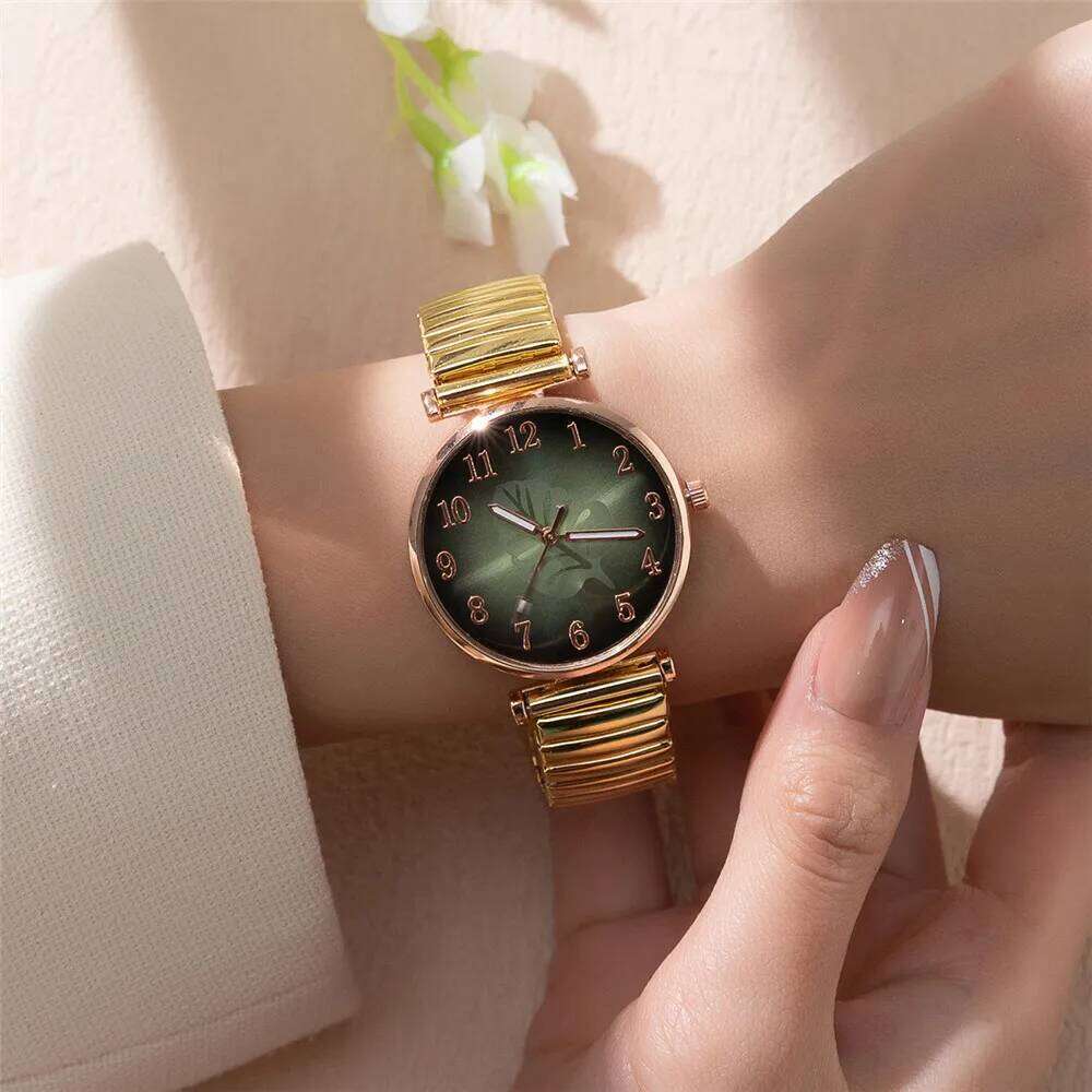 Minimalist Digital Leaf Pattern Women's Quartz Fashion Gold Stretch Classless Strap Ladies Dress Clock Wristes H260228