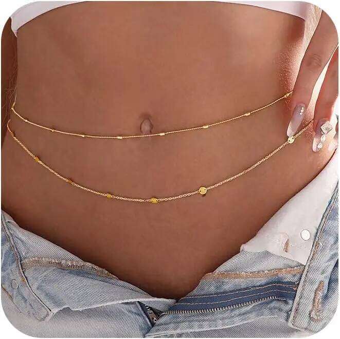 Women Waterproof 18K Plated Waist Beads Chain Gold Belly Belt Body Chains Adjustable Sexy Bikini Beach Jewelry H260228