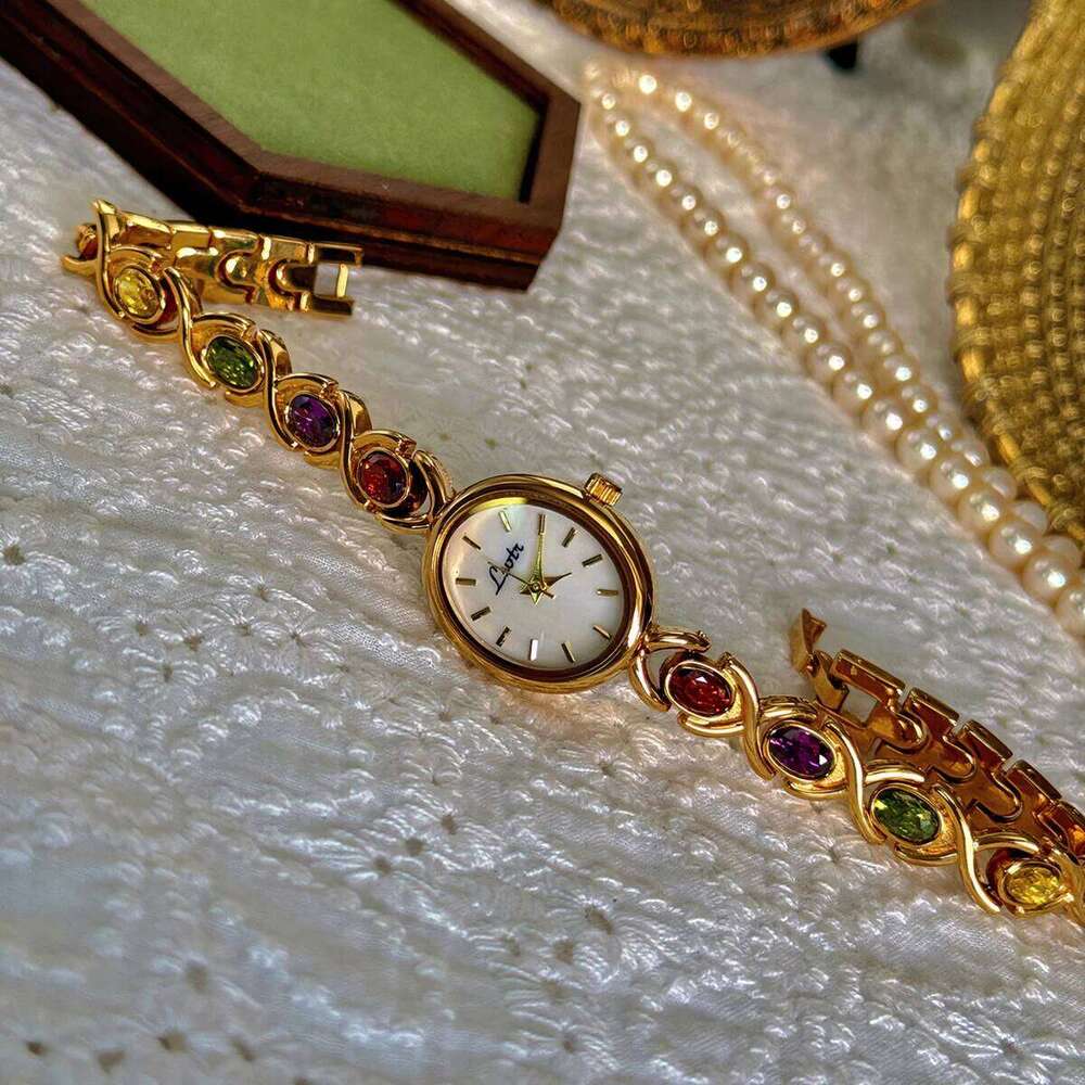 1pc New High-End Luxury Women's Embedded With Colorful Tourmalines, Diamonds And An Oval Shaped Mother Of Pearl Dial. H260228