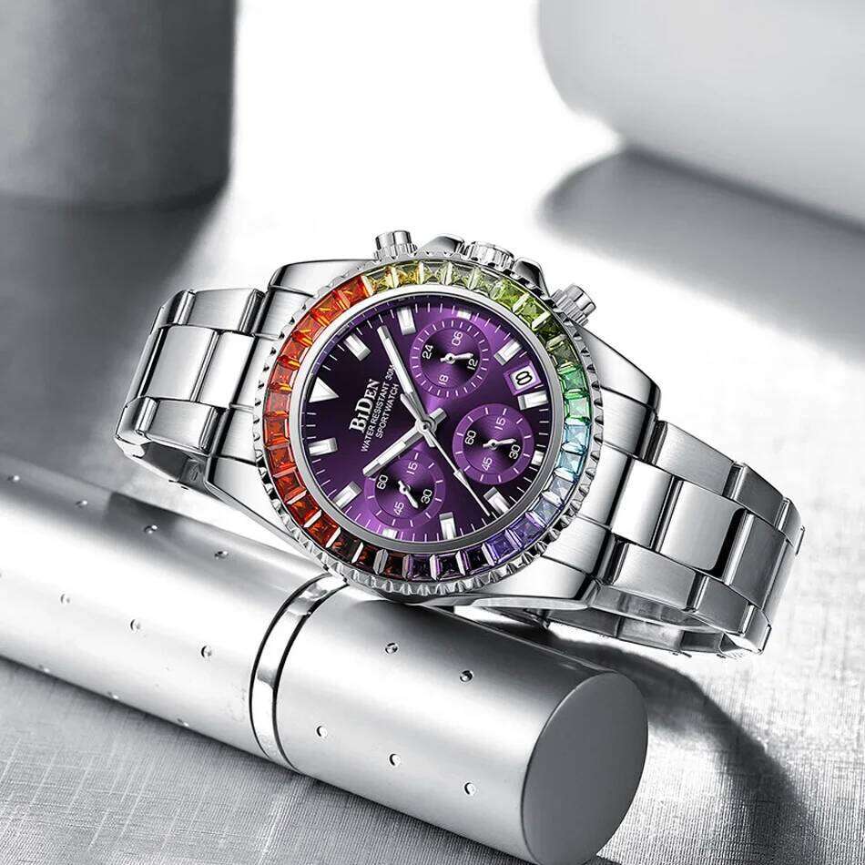 Silver Stainless Steel Elegant Women es Multi Function Chronograph Waterproof Calendar Lady Quartz Wrist Purple H260228