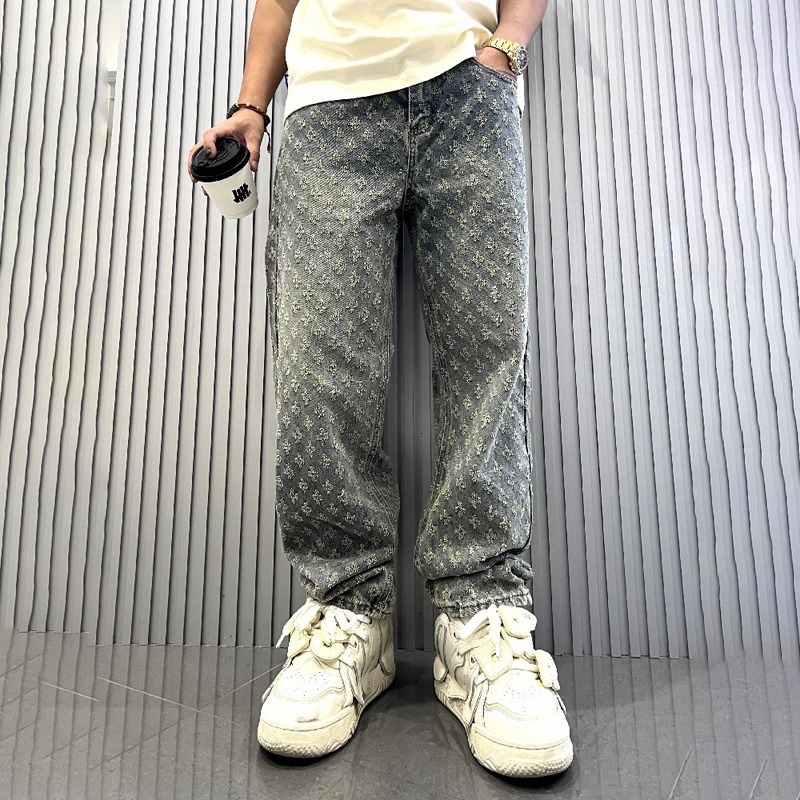 Luxury Designer Clothes 2025 Jacquard Full Print High Street Trendy Brand INS Design Sense Jeans Loose Straight Washed Wide Leg Long Pants