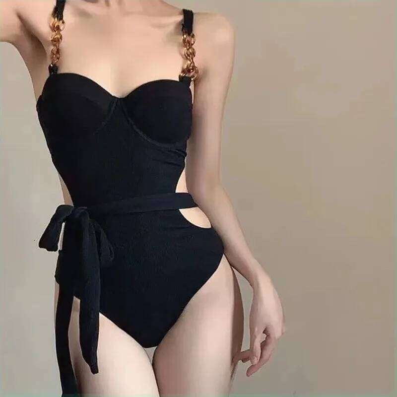 Korean One Piece Swimsuit for Women, Spaghetti Strap Push Up Small Bust, Tummy Control Slim Fit Spicy Vibe Vacation Bathing Suit Z260301