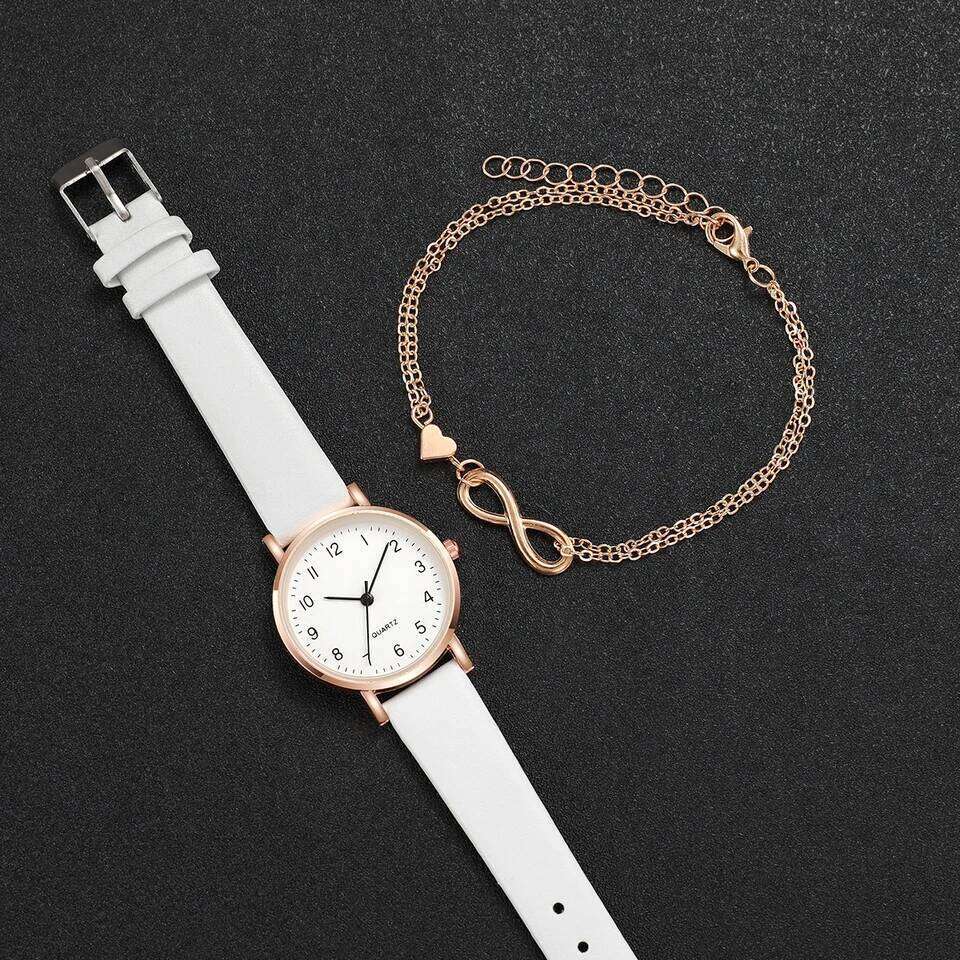 2PCS/Set Women's Fashion Arabic Dial Leather Band Quartz es Gold Heart Set H260228