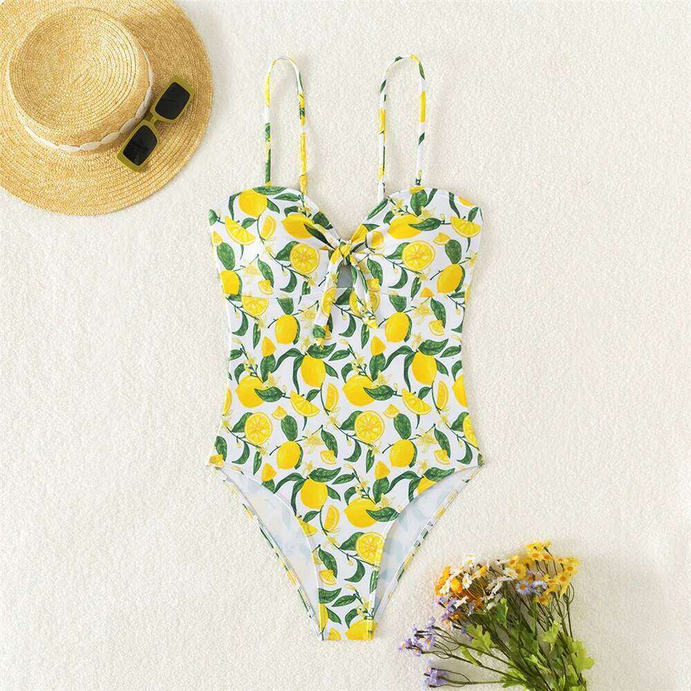 Sexy Yellow Lemon Leaf Print Swimsuit Women 2025 One Piece Swimwear Female Front Hollow Out Bow Bathing Swimming Suit Bather Z260301