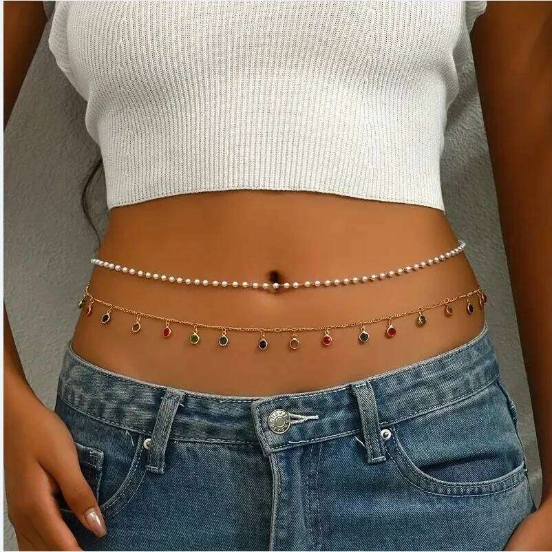 Beach Bikini Simple Double-layer Rhinestone Pentagram Pendant, Versatile Waist Female Sexy Crystal Body Chain H260228