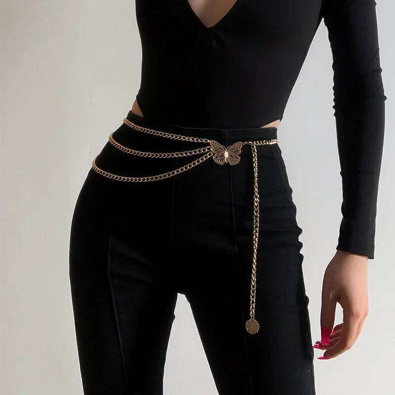 2025Summer Versatile Hip Hop Retro Tassel Waist Female Creative Hollow Butterfly Flower Plate Body Chain H260228