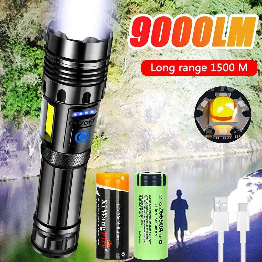 Powerful XHP70 LED Flashlight Zoom Tactical Flashlights with COB Side Lamp Type-C Rechargeable Camping Hunting Hiking Lantern Z260301