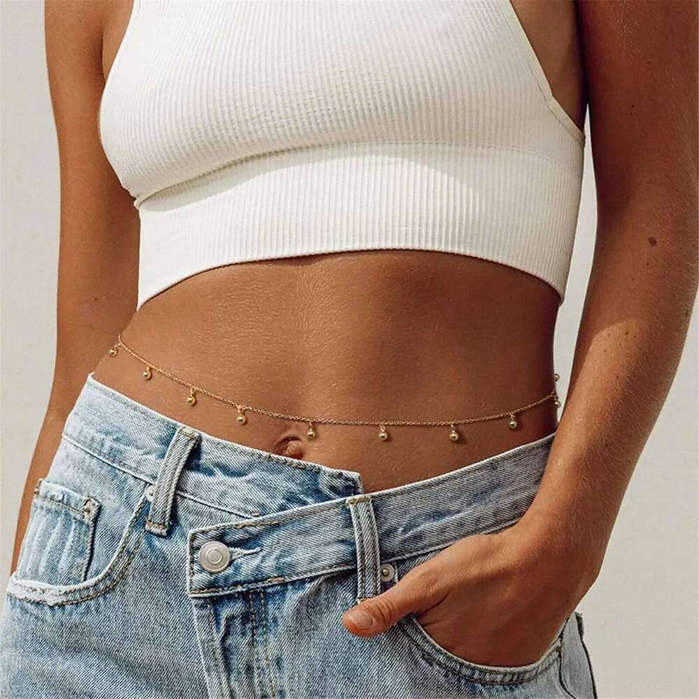 Women's Minimalist Bare New Metal Round Bead Waist Water Droplet Fringe Body Chain Sexy Bikini Accessory H260228