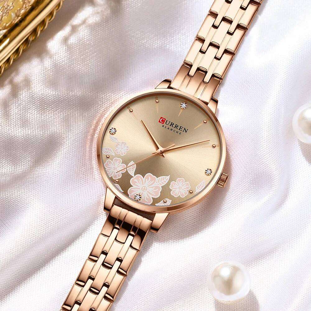 CURREN Fashion Quartz Wristes for Women Simple Stainless Steel with Flower Design Dial H260228