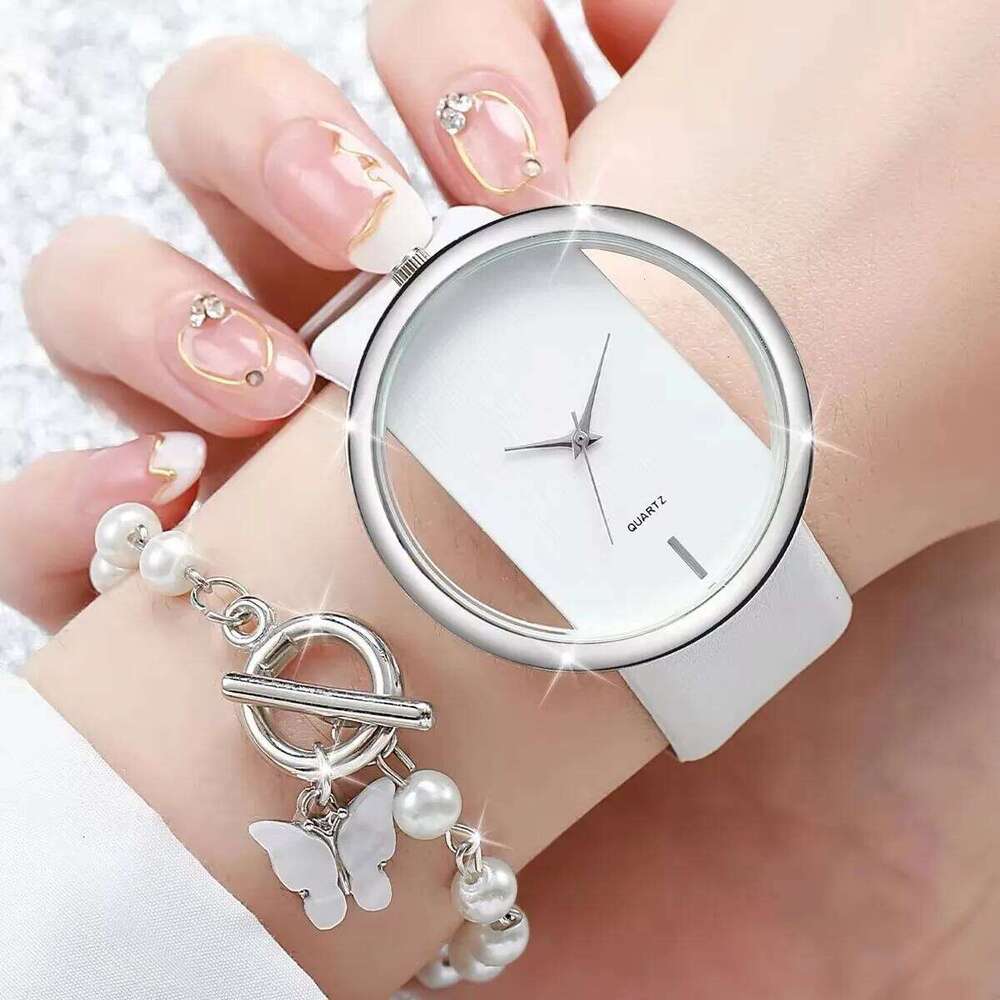 New 2pcs/set Women's Casual Hollow Out Quartz Analog PU Leather Wrist & Butterfly Set Gift H260228