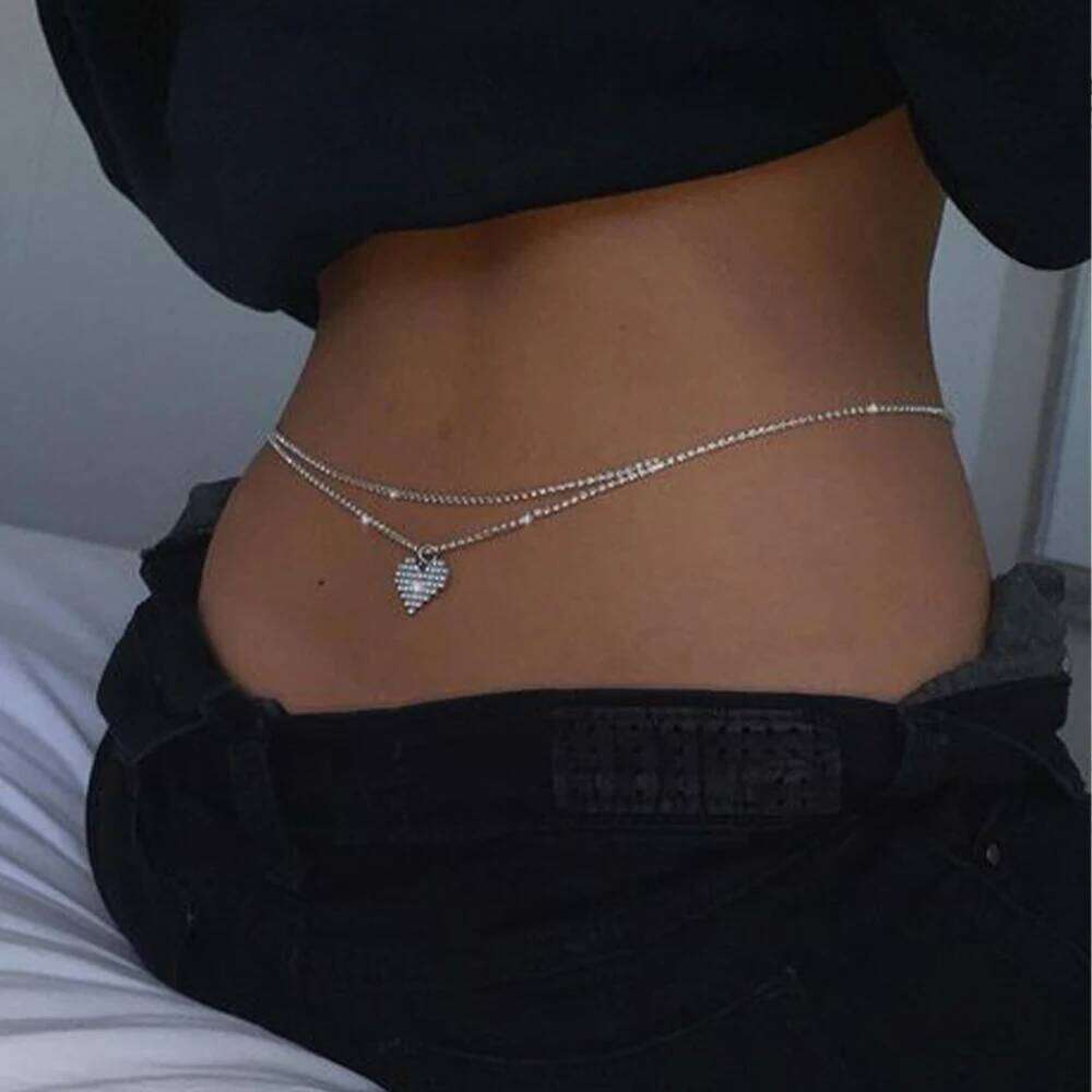 Sexy Rhinestone Heart Waist Belt Bikinis Jewelry for Women Summer Beach Double Row Crystal Belly Chain Body Accessories H260228