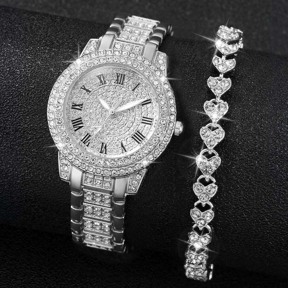 2PCS/Set Women's Fashion Full Diamond Roman Dial Steel Band Quartz Rhinestone Heart SetWithout Box H260228