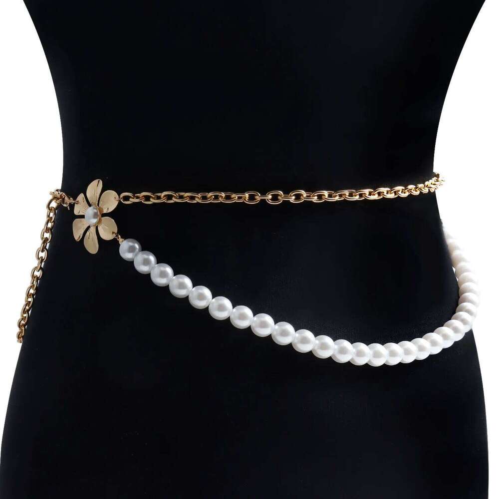European American Fashion Double Layer Imitation Pearl Metal Camellia Waist For Women Personalized Minimalist Body Chain H260228