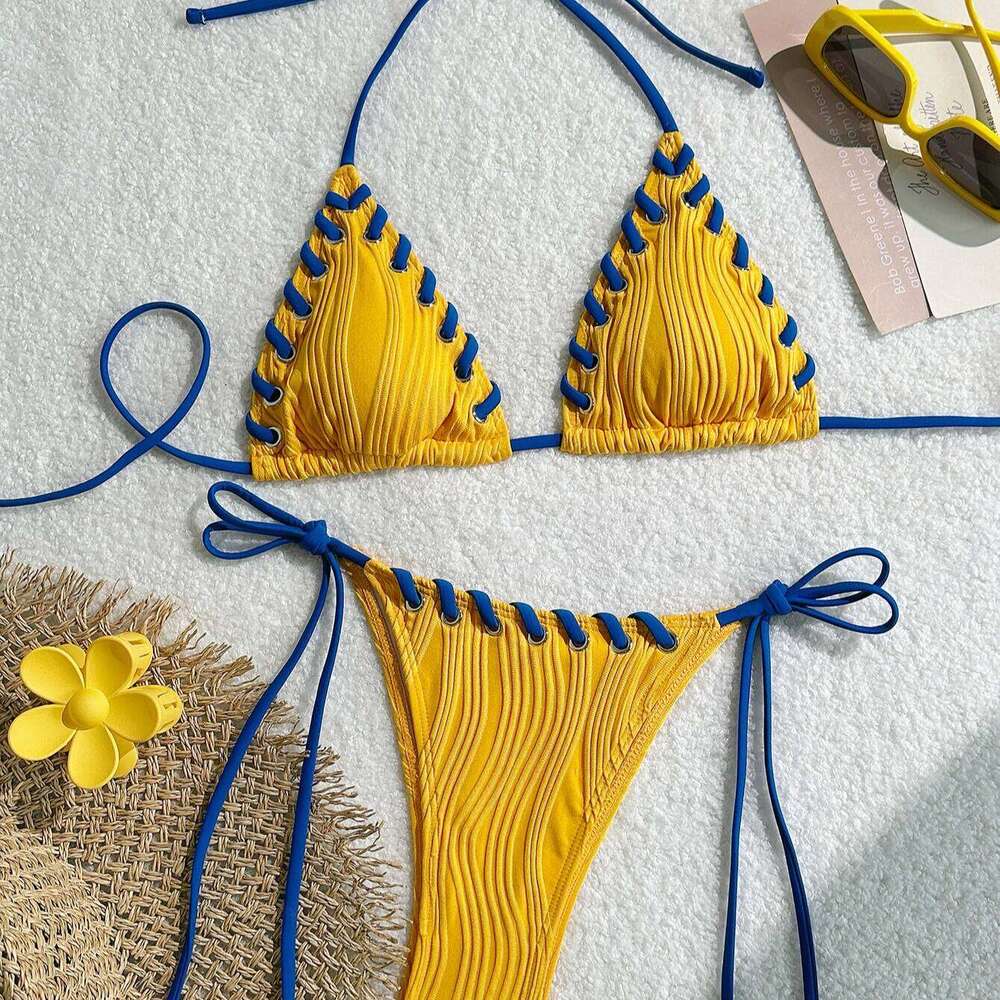 Halter Wrinkled Weave Women Swimwear Female Swimsuit Two Pieces Bikini Set Brazilian Bathing Suit Swim Beach Wear Z260301