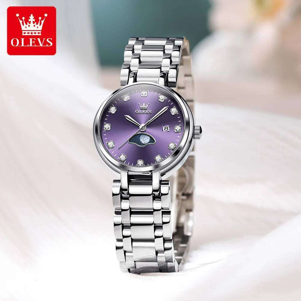 OLEVS Diamond Time Purple Moon Phase Dial es Brand New Fashion Women Quartz Steel Waterproof Dress H260228
