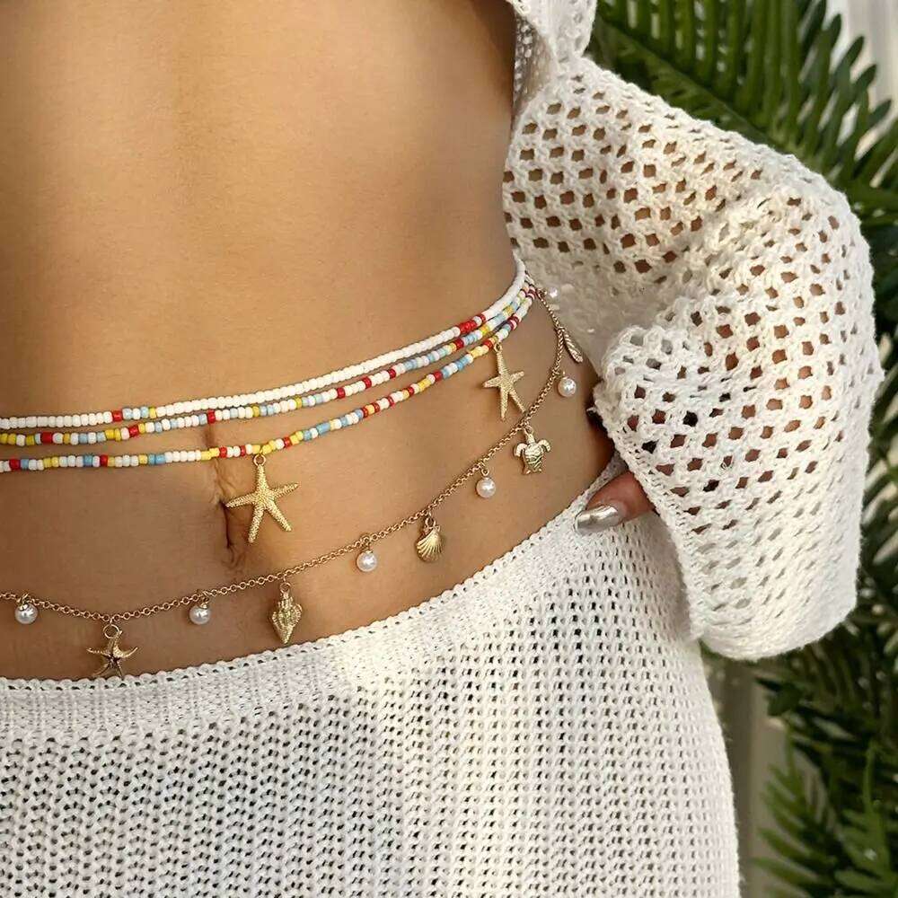 Fashion Bohemian Chain Imitation Pearl Sea Star Shell Waist Link Hollow Out Beach Bikini Jewelry Accessories for Women H260228