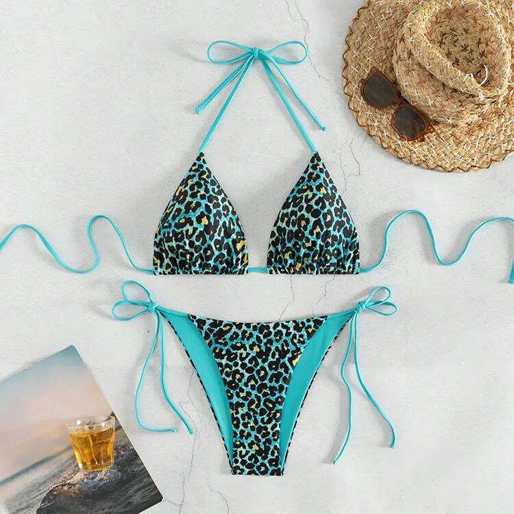 2025 Sexy Leopard Print Two Piece Swimsuit Triangle Bra Suspender Halter Backless Bikini Set Beach Vacation Lace-up Swimwear Z260301