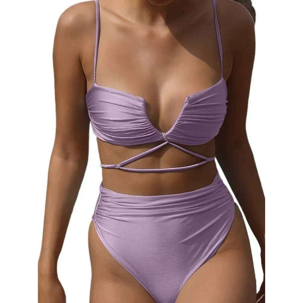 V Neck Wrinkled Stain Bikinis Female Swimsuit High Waist Women Swimwear Two-pieces Bikini Set Bather Bathing Suit Swim Z260301
