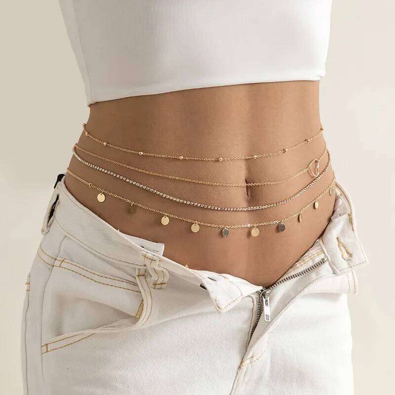 Women's Western Multilayer Fringe Glitter Sequins Metal Waist Chain Rhinestone Heart Slim Party Street Body Jewelry H260228