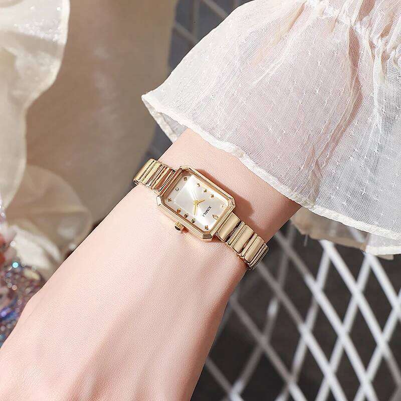 Luxury Women es Fashion Rectangle Gold Plated Ladies Quartz Stainless Steel Folding Clock Relogio Feminino H260228