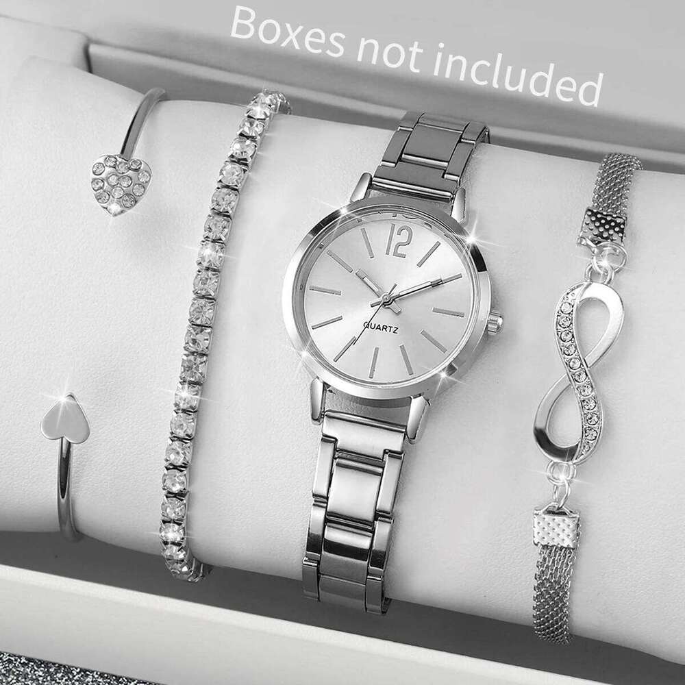 4PCS Fashion Women's Silver Steel Band Ladies Quartz es Rhinestone Bangles SetWithout Box H260228