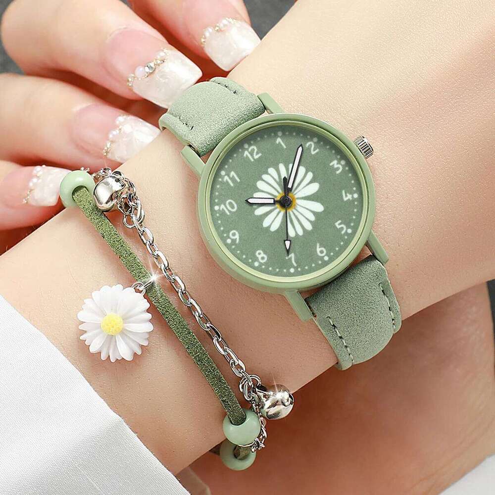 2PCS/Set Fashion Flower Dial Women's Casual Leather Band Quartz es s SetWithout Box H260228