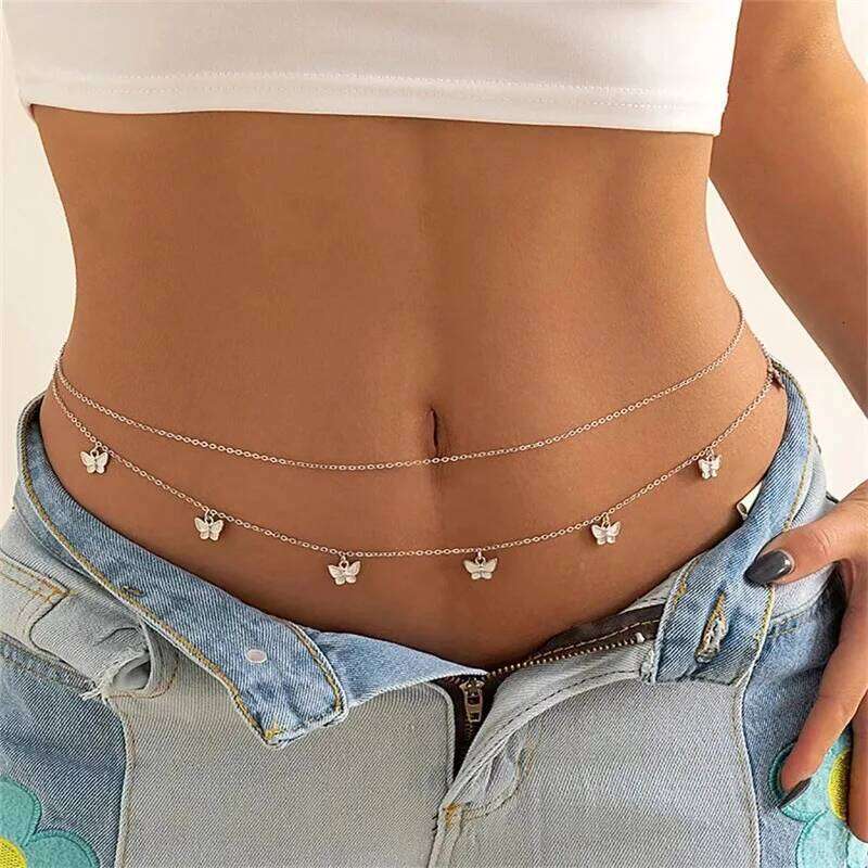Simple Double-Layer Thin Waist Vintage Butterfly Pendant Belly Chain Women's Summer Beach Bikini Party Body Jewelry H260228