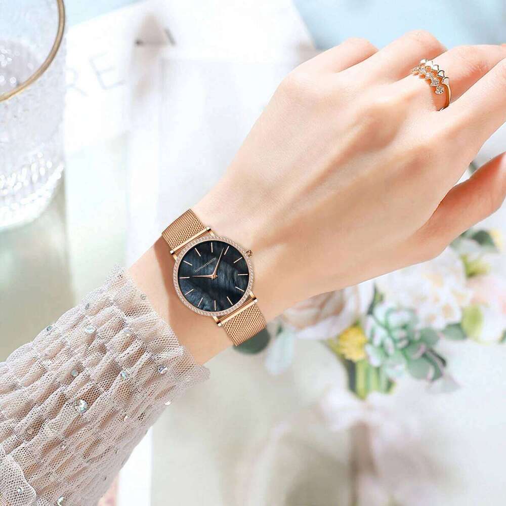 Hannah Martin Luxury Water Diamond Women Fashion 36mm Shell Dial Rose Gold Stainless Steel Japanese Original Quartz H260228