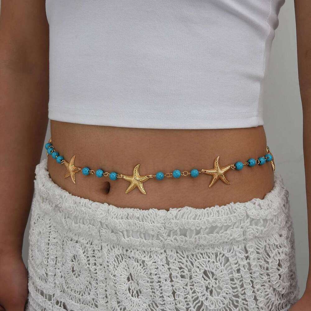 Bohemian Turquoise Starfish Waist for Women Trendy Temperament Gold Color Belly Chain Summer Beach Bikini Body Jewelry New H260228