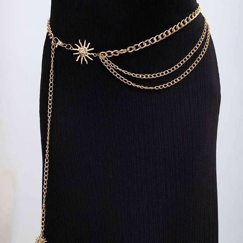 Exaggerated Metal Sun Tassel Waist for Women Trendy Gold Color Multi Layer Adjustable Body Chain Dress Jewelry Accessories H260228