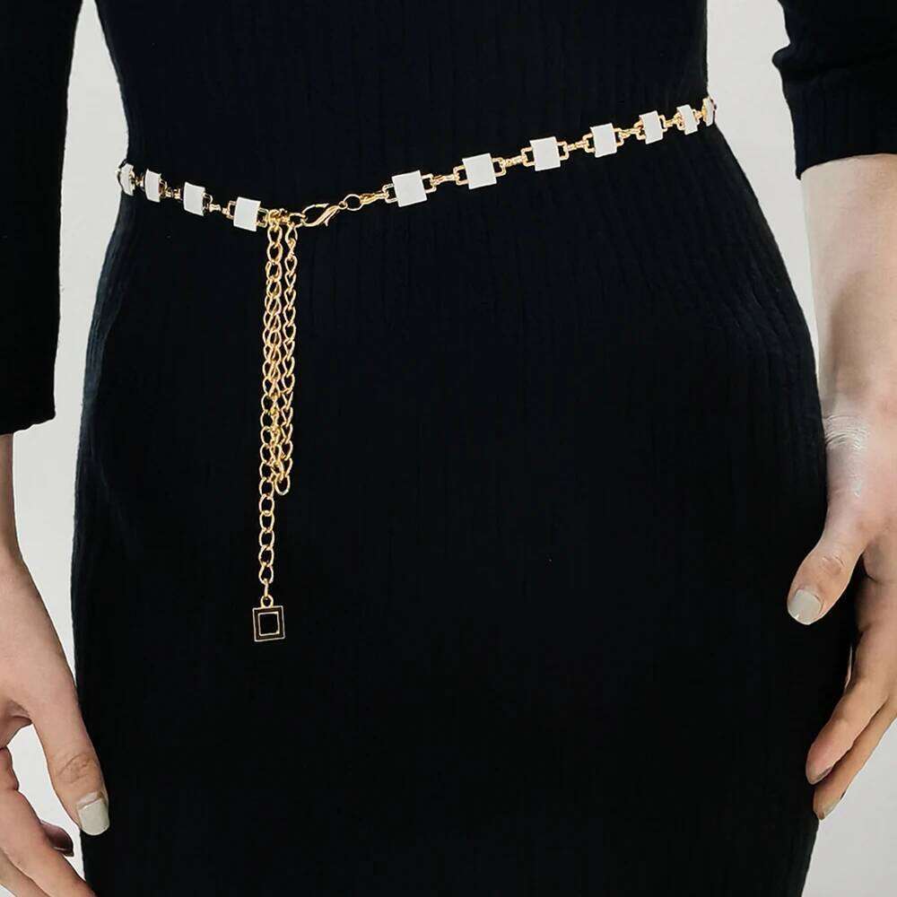 Metal women's waist double-sided black and white square belt body simple chain dress H260228
