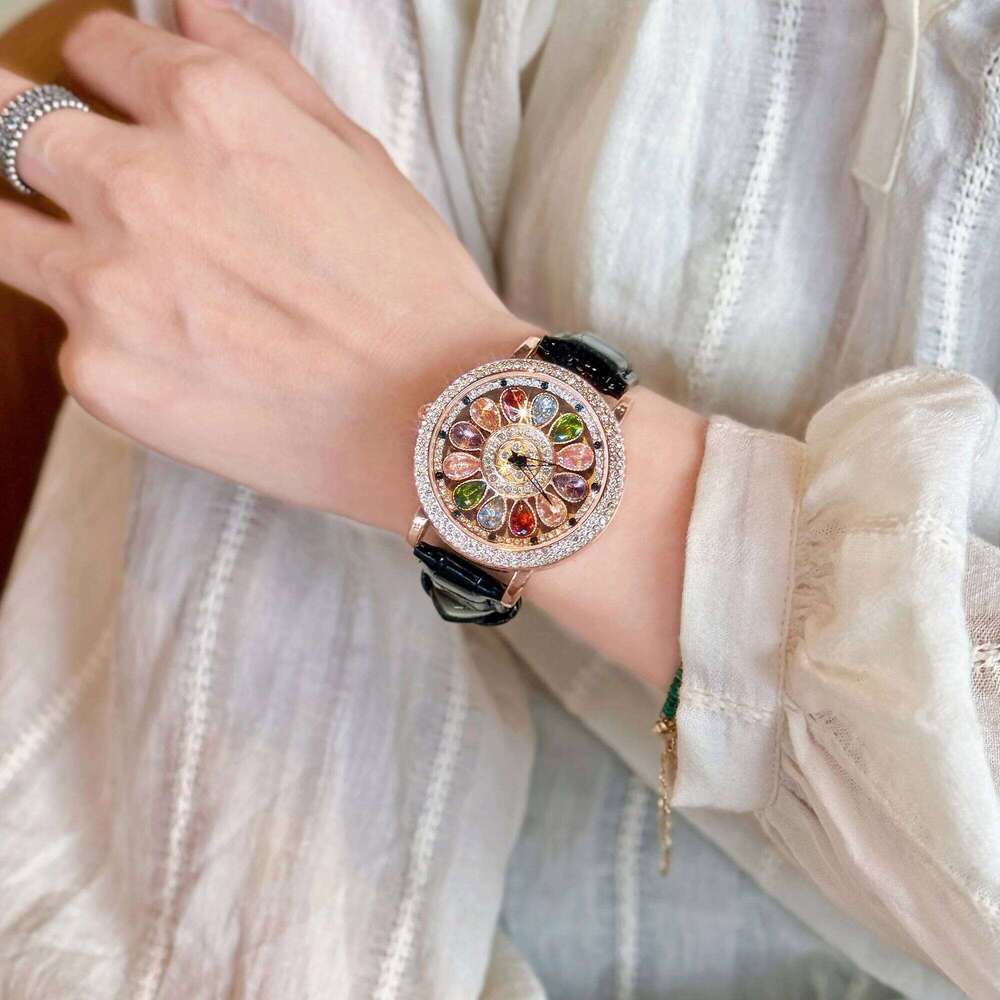 1pc Dazzling And Fashionable Women's Quartz With Colorful Rhinestone Inlay, Featuring An Alluring Rotatable Dial, Durable H260228