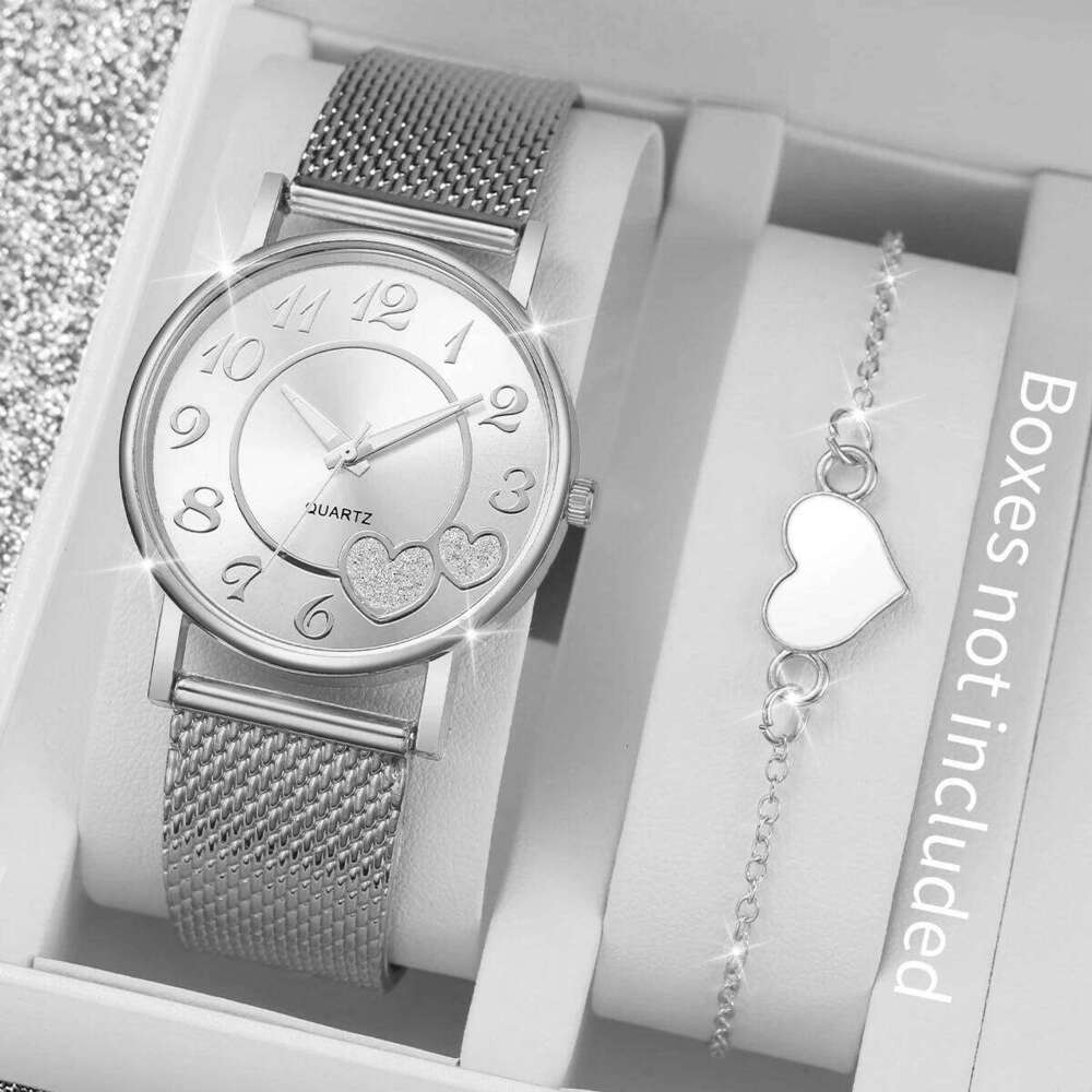 Fashion Heart Women Quartz Casual Plastic Band Analog es 2PCS/Set H260228