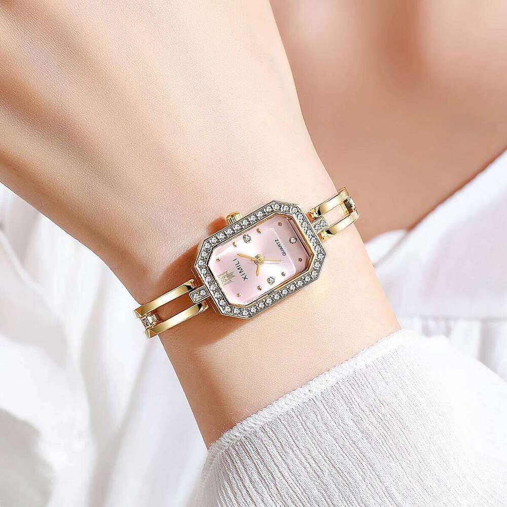 Fashion es Simple Luxury Gold Small Dial Rhinestone Quartz Woman Elegant Dress Ladie Wrist Clock H260228